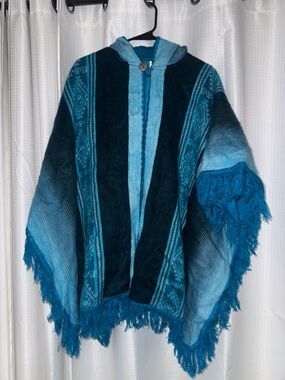 Teal & Dark Teal Fringed Hooded Poncho